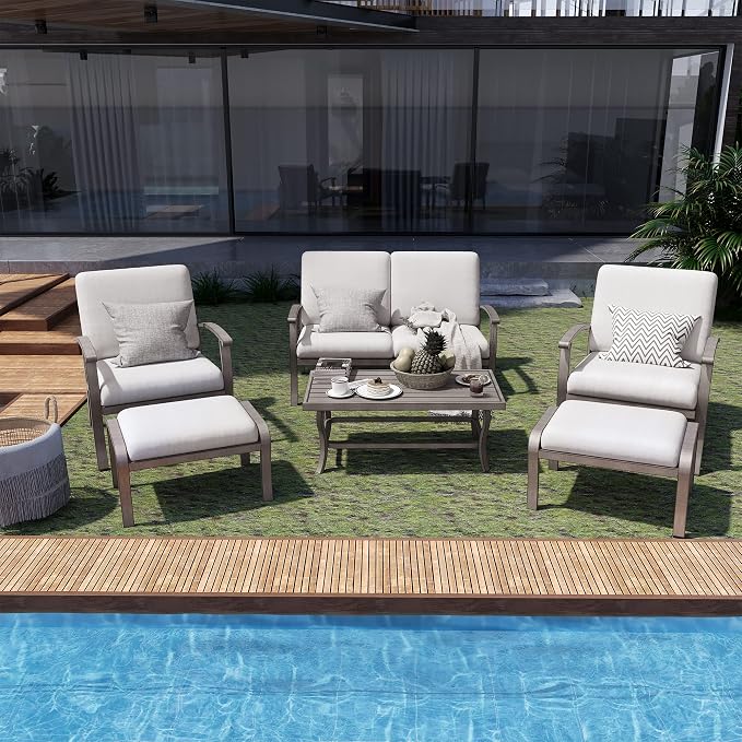 HAPPATIO 6 Piece Aluminum Patio Furniture Set, Outdoor Armchairs with Ottomans and Loveseat, Outdoor Sectional Sofa with Comfortable Cushions and Coffee Table(Gray)