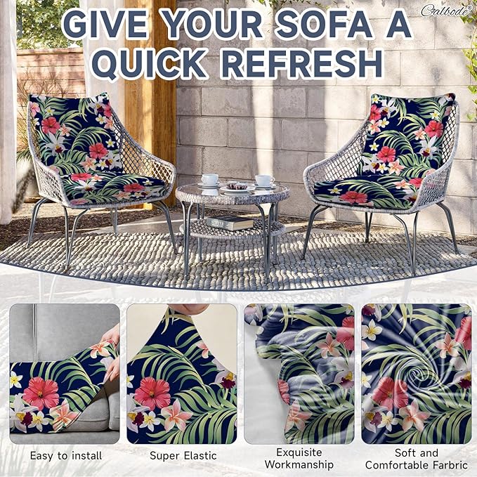 CALBODE 8 Pcs Stretch Outdoor Seat Cushion Covers, Washable Chair Seat Cover for Patio Furniture Cushions Soft Indoor and Outdoor Couch Cover Replacement (Tropical Floral,Black, Cover Only)
