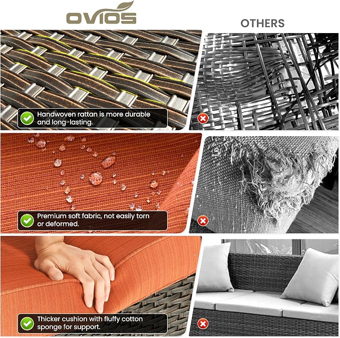 ovios 6-Pieces Patio Furniture Set, Outdoor Wicker Sofa Couch with Swivel Glider Chairs Comfy Cushions, High Back Modern Conversation Set, Brown Rattan, Orange Red