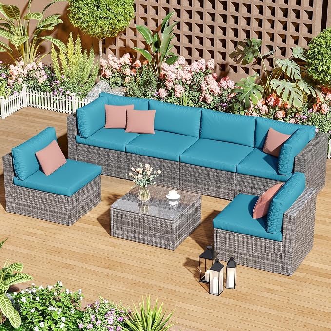 SUNVIVI OUTDOOR 7 Piece Patio Furniture Sets All Weather Grey PE Wicker Couch Sofa with Glass Table, Removable Blue Cushions