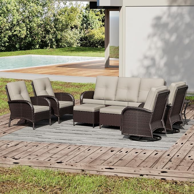 Joyside Wicker Patio Furniture Set, 8 Piece Outdoor Furniture Set with Thickened Cushions, High Back, Deep Seating, Wide Armrest, Outdoor Swivel Rocker Chairs for Porch, Deck