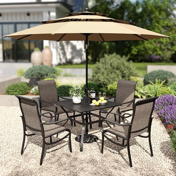 PHI VILLA 6 Pcs Patio Dining Set with 10ft Umbrella for 4, Mesh Chairs | 37" square metal table, 4 high-back textilene chairs, 10ft beige umbrella for outdoor, deck, lawn. Rust-resistant, easy-clean