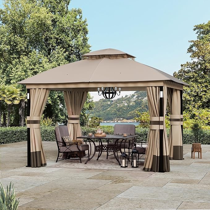 Covered Outdoor Patio Gazebo 10'x12' with LED Lights & Bluetooth Speaker, Heavy Duty Outdoor Canopy Shelter with Metal Frame, Double Roofs, Soft Top Gazebo with Netting and Curtains, Khaki