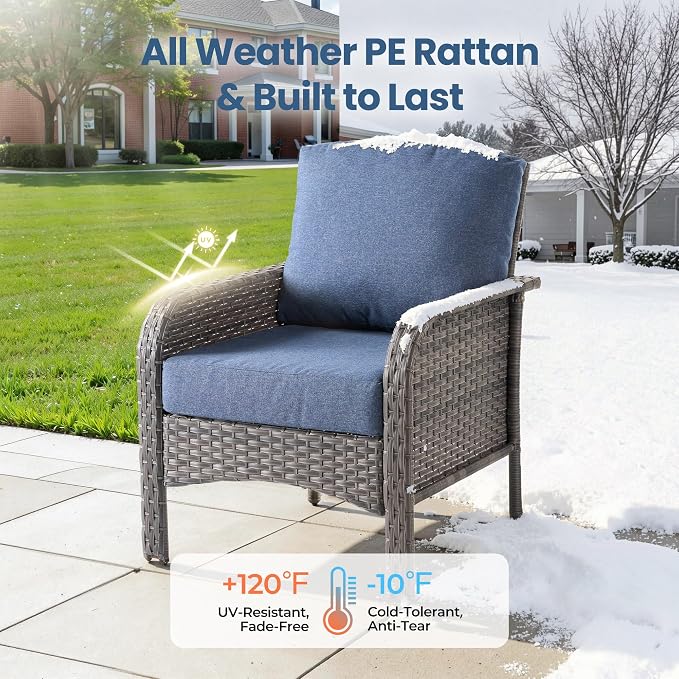 Weaxty Wicker Patio Furniture Set High Back Loveseat Sofa Couch Armchair Coffee Table, All Weather Rattan 4 Pieces Outdoor Conversation Sets for Patio Porch Deck Backyard Poolside, Denim Blue