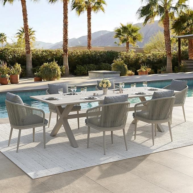 7-Piece Patio Dining Table Sets, Woven Wicker Dining Set with Rectangular Aluminum Table and Dining Chairs Modern Outdoor Dining Furniture Set for Outdoors and Indoors