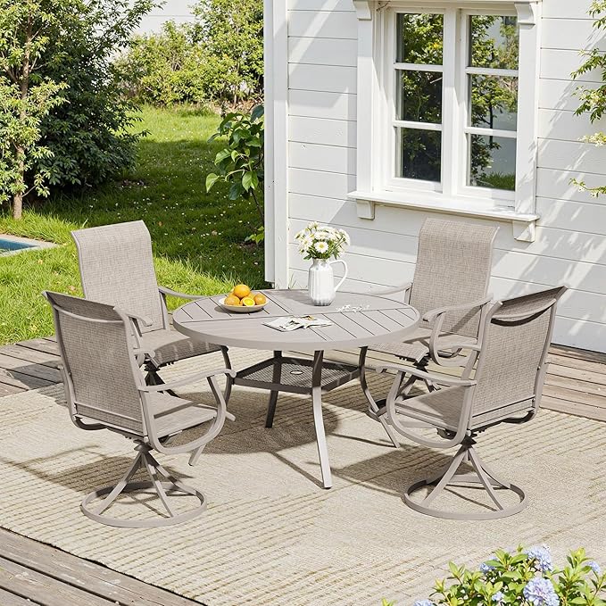 VICLLAX 5 Pieces Patio Dining Set, Patio Furniture Set of 4 Patio Swivel Dining Chairs and 40.6" Patio Spliced Round Tabletop with Storage Shelf, Sandshell Chairs & Sandshell Tabletop