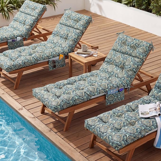 Kigley Outdoor Chaise Lounge Cushions with 3 Side Pocket 74.5 x 22 x 4.7 Inch Patio Chaise Lounge Cushion, Water-Repellent and Fade-Resistant Tufted Summer Replacement(2 Pcs,Cyan Paisley,Patterned)