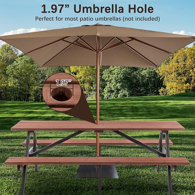 75'' Rectangular Outdoor Dining Table Wooden Patio Dining Table & 2 Built-in Bench for 8, 2" Umbrella Hole, Suitable for Picnic Backyard Garden Porch, Wood Brown