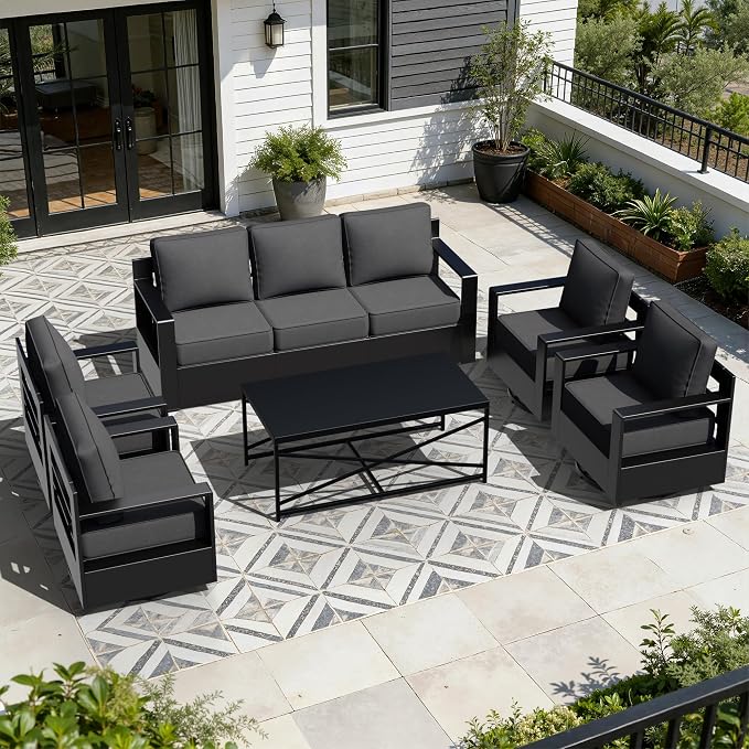 Outdoor Aluminum Furniture Set, 5-Piece Patio Conversation Set, 4 Swivel Chairs, 1 Sofa and 1 Table, All-Weather Metal Frame, 6" Thick Removable Cushions, Deep Setting for Garden, Porch