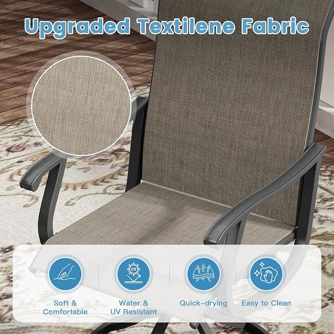 DIFY 5 Pieces Outdoor Patio Dining Set, 4 Brown Textilene Swivel Dining Chairs and 40.6" Black Round Dining Table, Metal Outdoor Table and Chairs