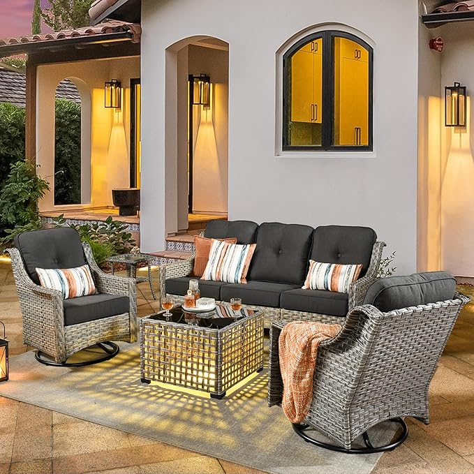 Patio Conversation Set,5 Pieces Wicker Patio Furnitures with Swivel Chair and Coffee Table,All Weather Patio Furniture Set for Garden,Backyard,Poolside and Patio,Black