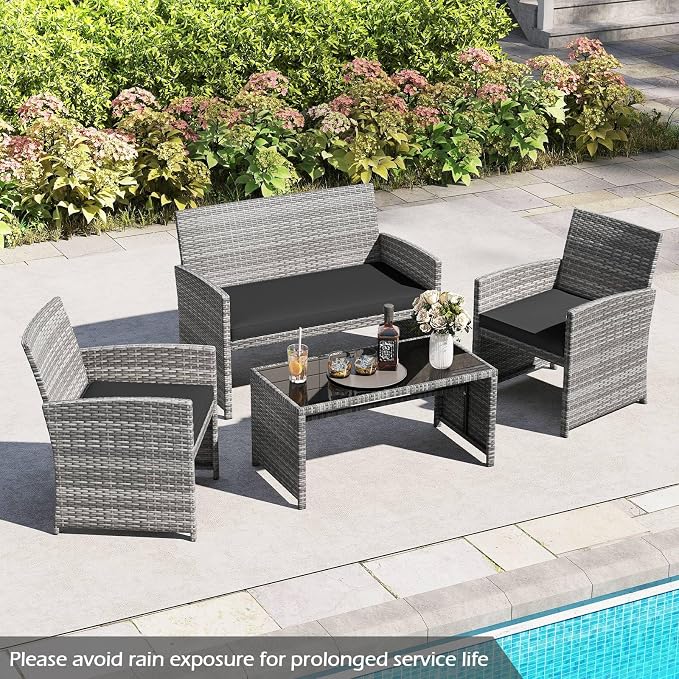 RELAX4LIFE 4-Piece Patio Furniture Set - Wicker Rattan Outdoor Sectional Sofa Set w/Glass Coffee Table, Loveseat, 2 Single Chairs & Soft Cushions, Bistro Conversation for Garden Porch (1, Black)