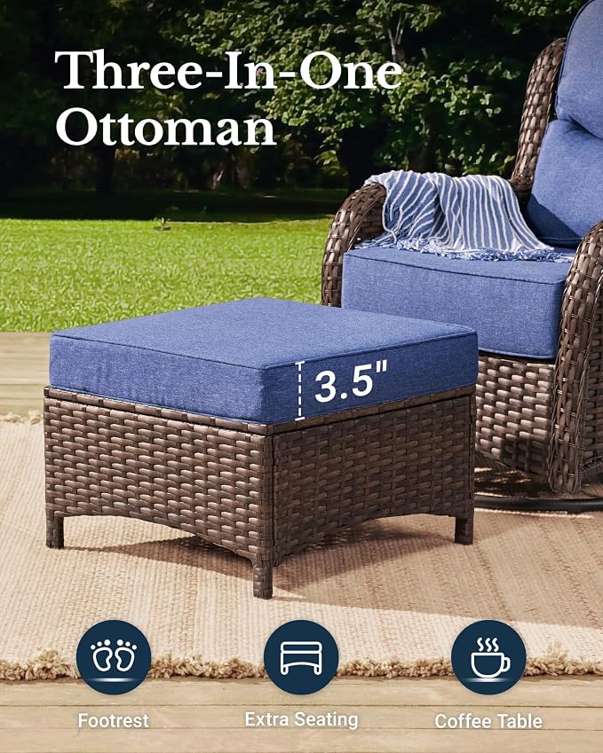 HILLGA Luxury Outdoor Patio Furniture Set with 6-Inch Thick Cushions, High Back Wicker Swivel Rocker Chairs, 10 Pcs All Weather Furniture Set for Large Deck, Yard and Poolside, Blue (V3)