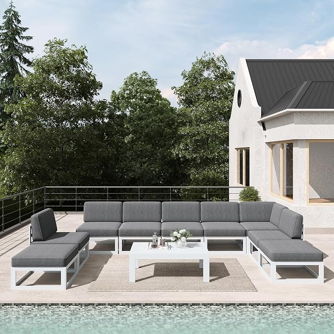 LayinSun 10 Pieces Modern Aluminum Patio Furniture Set with Coffee Table, Outdoor Modular Sectional Conversation Set L-Shaped Sofa for Backyard