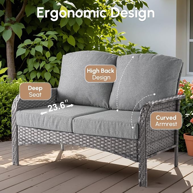 4 Pieces Wicker Patio Furniture - All-Weather PE Wicker Outdoor Conversation Bistro Set Loveseat Chairs with Table,Outdoor Rattan Sofa Chair High Back Deep Seating,Grey