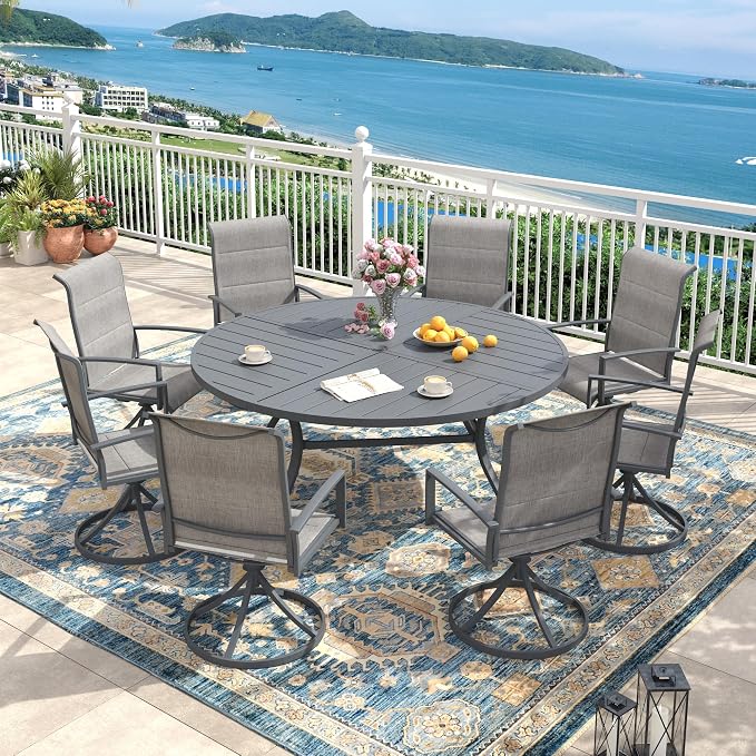 Outdoor Dining Set for 8, 60.1" Outdoor Dining Table with Umbrella Hole and Padded Textilene Patio Swivel Chairs, 9 Pieces Patio Table and Chairs Set for Garden Backyard, Grey and Dark Grey