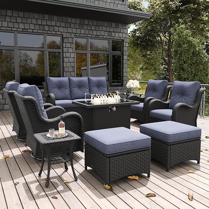 LayinSun 10 Pieces Outdoor Patio Furniture Set with Fire Pit Table, Rattan Wicker Sectional Swivel Rocker Chairs Sets with Ottomans, Swivel Glider Chairs and Coffee Table