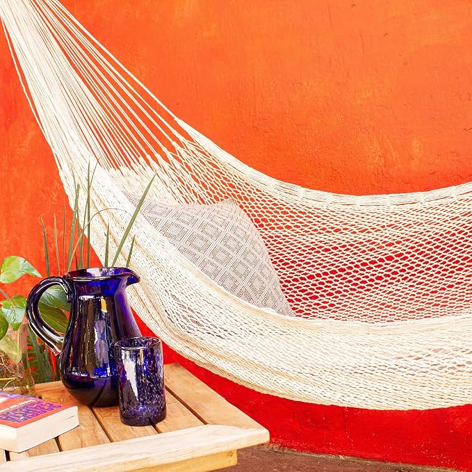 NOVICA Artisan Handmade Cotton Rope Hammock Maya Ivory Triple Mexico Solid [Bed Size 75in L x 91in W Total Length 146in L] ' Uxmal Ivory' Triple