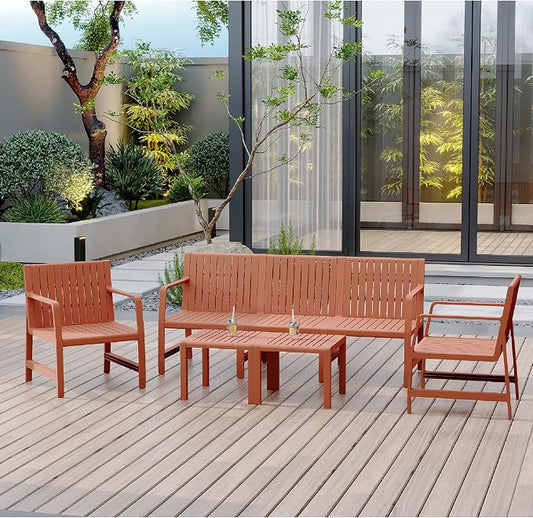 KEIKI 5 PC Outdoor Indoor 3-Seater Sofa,2 Chairs and 2 Coffee Tables PP Furniture Set Easy Assembly for Patio