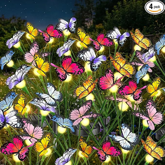 Solar Butterfly Lights Outdoor, 4 Pack 32 LED Solar Garden Lights Waterproof, 2 Modes Solar Powered Outdoor Light for Outside Patio Pathway Yard Lawns Landscape Party Decorations