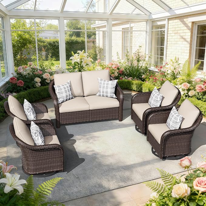 5 PCS Outdoor Conversation Set | 55" Couch, 4 Swivel Chairs, Patio Wicker Conversation Furniture with Removable Cushions for Bistro, Deck, Sunroom (Beige)
