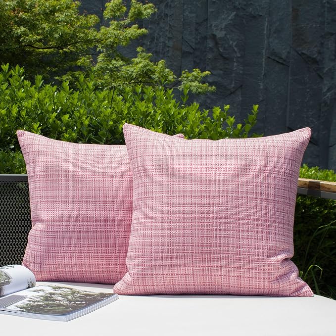 Kevin Textile Outdoor Waterproof 20x20 Inch Pillow Covers 2 Pack, Pink | Water Resistant, Faux Linen Yarn-dyed, Woven Texture Throw Pillow Covers for Tent Patio Garden Couch Sofa