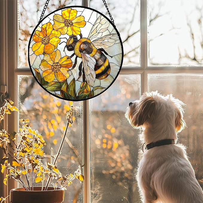 Stained Glass Window Hanging - Yellow Bees Gathering Flowers Sun Catcher for Door Garden Home Decor Cute Suncatcher Christmas Mother's Day Birthday Gifts for Women Men Mom Nana 11.8 in