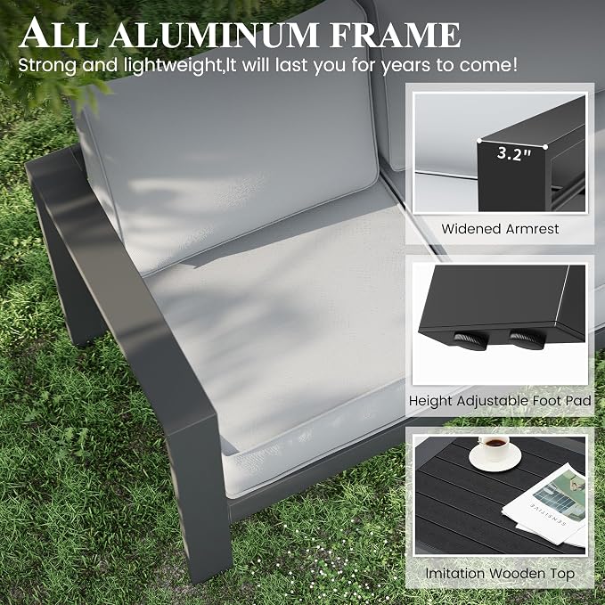 Aluminum Patio Furniture Set, Outdoor Single Chair Set with 5 Inch Cushions, Patio Sofa Sets with Waterproof Covers for Backyard Garden(Dark Grey&Light Grey)