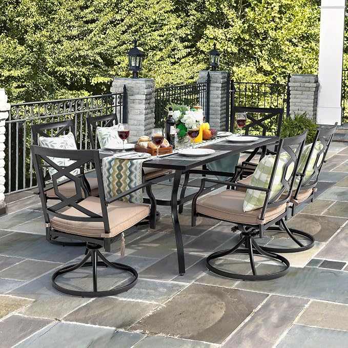NUU GARDEN 7 Piece Outdoor Patio Dining Set, 6 Swivel Rocker Chairs with Padded Cushions, 61" x 37" Rectangle Iron Dining Table with 1.57" Umbrella Hole,Black and Beige Cushion