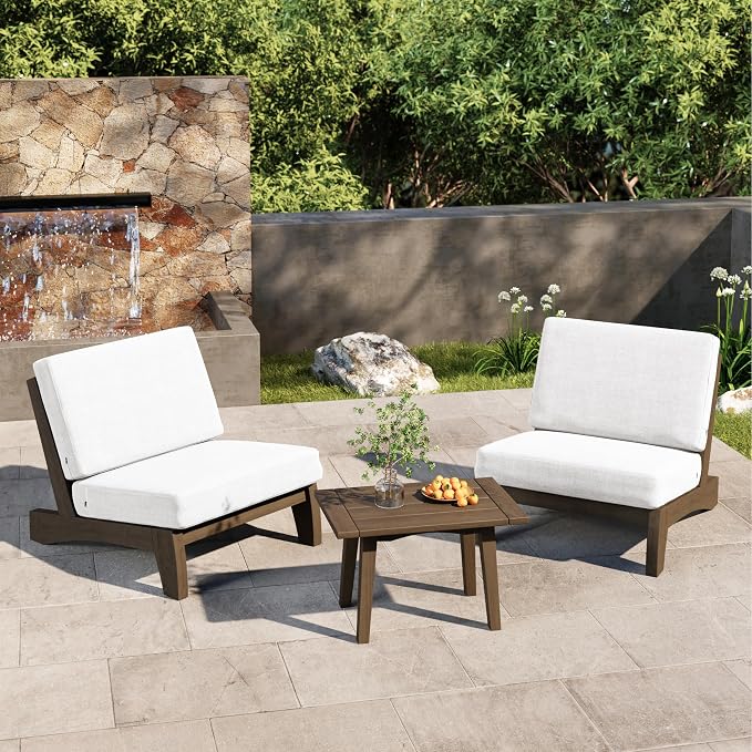 3 Piece Wood Outdoor Patio Frutnire Set, 5 Seater Patio Conversation Sets with Thick Cushions, Outdoor Sectional Furniture with Coffee Table - Beige