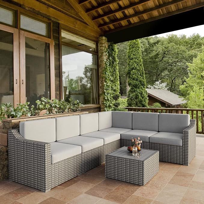 HAPPATIO 7 Piece Patio Conversation Set,Rattan Wicker Outdoor Sectional Sofa,All-Weather Patio Furniture Set,Multiple Combination Sofa. Patio sectional Set.(Gray/Beige)