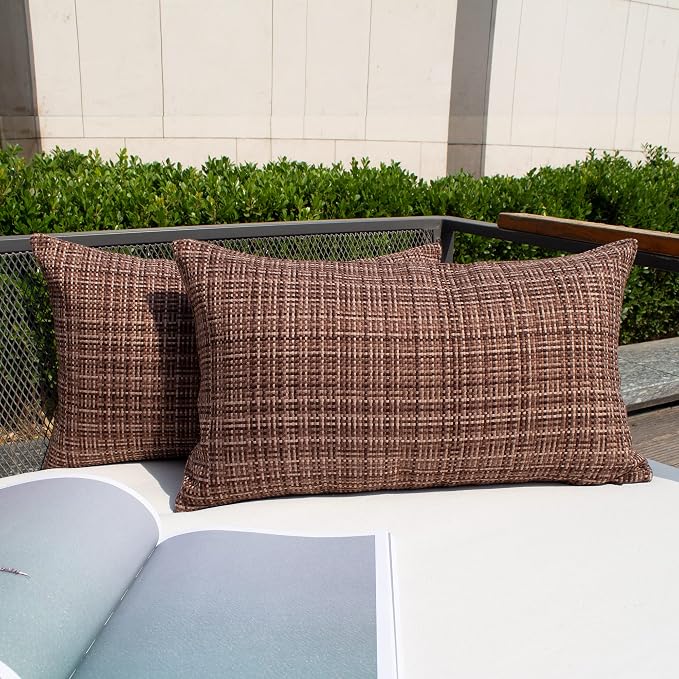 Kevin Textile Outdoor Waterproof 12"x24" Lumbar Pillow Covers 2 Pack, Brown | Water Resistant, Faux Linen Yarn-dyed, Woven Texture Throw Pillow Covers for Tent Patio Garden Couch Sofa