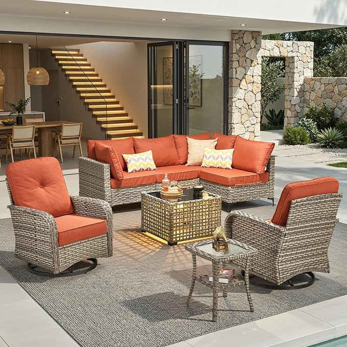 8 Pieces Outdoor Sectional Patio Furniture Set with Swivel Rocking Chairs,Conversation Sets Rattan Wicker L Shaped Couch,Modular Outdoor Sofa for Porch Balcony Backyard Coarse Stripes Red