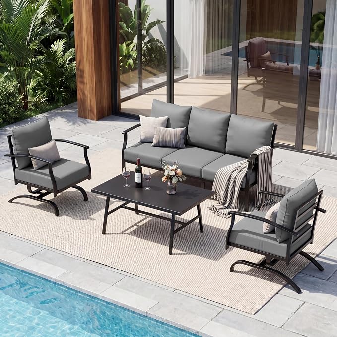 4 Piece Patio Furniture Set, Metal Outdoor Patio Furniture Set, All Weather Modern Couch Sofa with Comfortable Cushions & Coffee Table, Metal Conversation Set for Balcony, Porch, Deck (Gray)