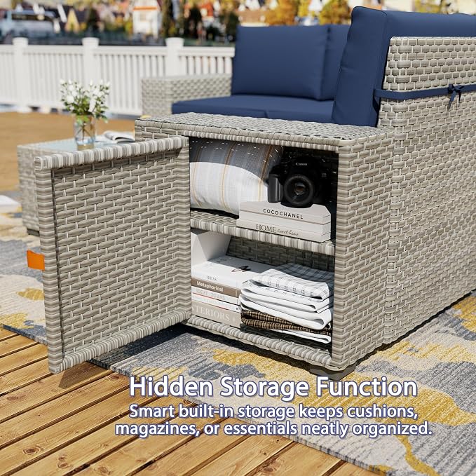 6 Piece Patio Furniture Set, 9.8" Wide Arm Sectional Sofa with Storage Armrests, All-Weather Rattan Outdoor Conversation Set for Garden, Porch, Lawn, Backyard, Balcony, Blue