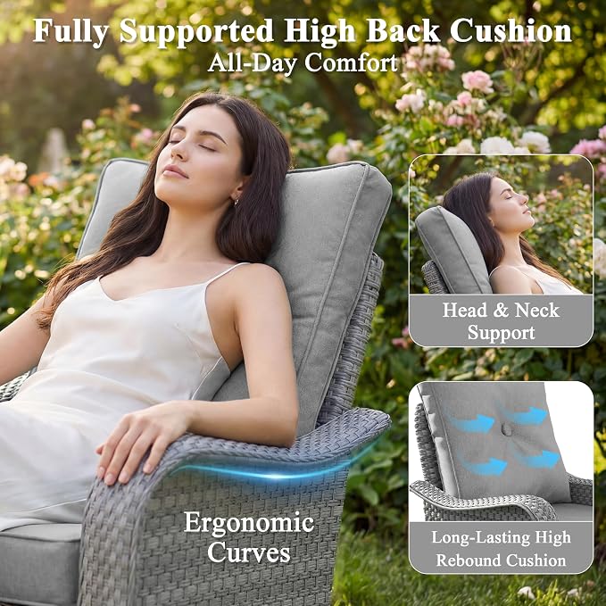 3 Piece Patio Furniture Set with Swivel Rocking Chairs, Outdoor Wicker Conversation Set with 4" Cushions, Glass Side Table, PE Rattan and Rust-Resistant Frame, Grey