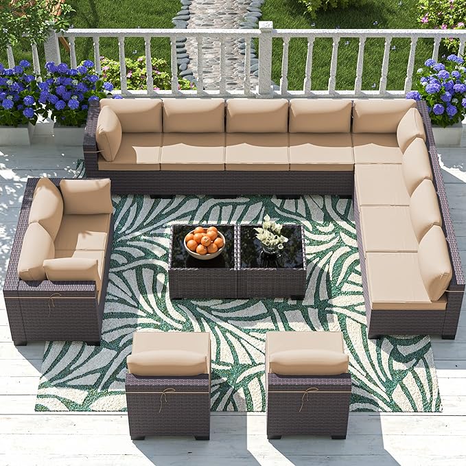 Outdoor Patio Furniture Set, 14 Pieces Outdoor Sectional Furniture Patio Sofa, All-Weather PE Rattan Patio Conversation Set with Tempered Glass Top Table & Cushions(Brown).