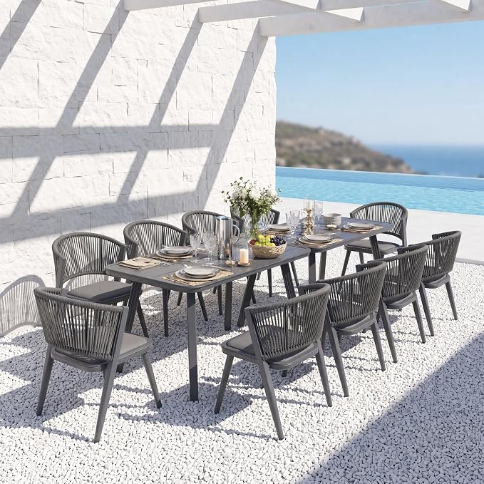 12-Pcs Aluminum Outdoor Dining Set, All-Weather Rattan Patio Furniture Set Include Two 51.2" Rectangular Tables & 10 PE Wicker Chairs with Waterproof Cushions for Backyard Deck Party & Holiday (Grey)