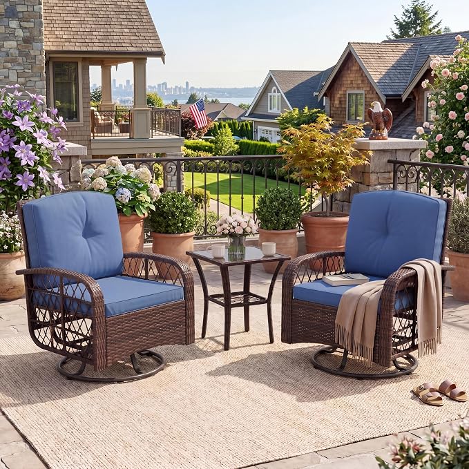 3-Piece Patio Furniture Set, 2 Swivel Rocking Chairs with 1 Rattan Side Table, Tempered Glass Tabletop, Patio Conversation Set for Deck, Porch, Garden, Poolside (Brown Wicker & Blue Cushions)