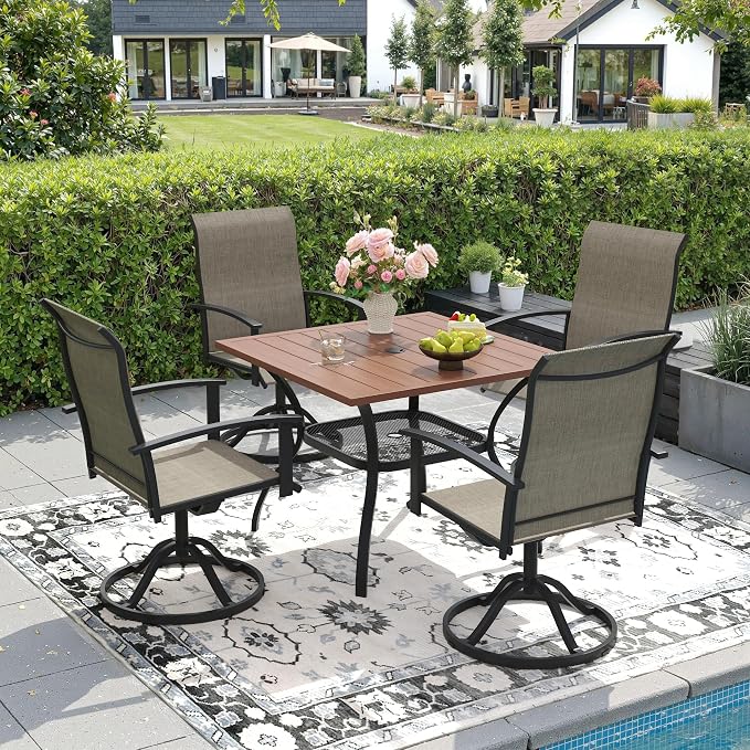 DIFY 5 Pieces Outdoor Dining Set, Metal Patio Table and Chairs Set for 4 with Umbrella Hole, 37.8" Walnut Square Table and Brown Textilene Swivel Patio Chairs for Garden, Backyard, Poolside