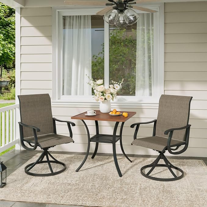 VICLLAX 3 Pieces Outdoor Dining Set, Patio Furniture Set Includes 27.6" Square Metal Table and 2 Textilene Swivel Chairs for Porch, Lawn, Garden, Wulnut/Brown