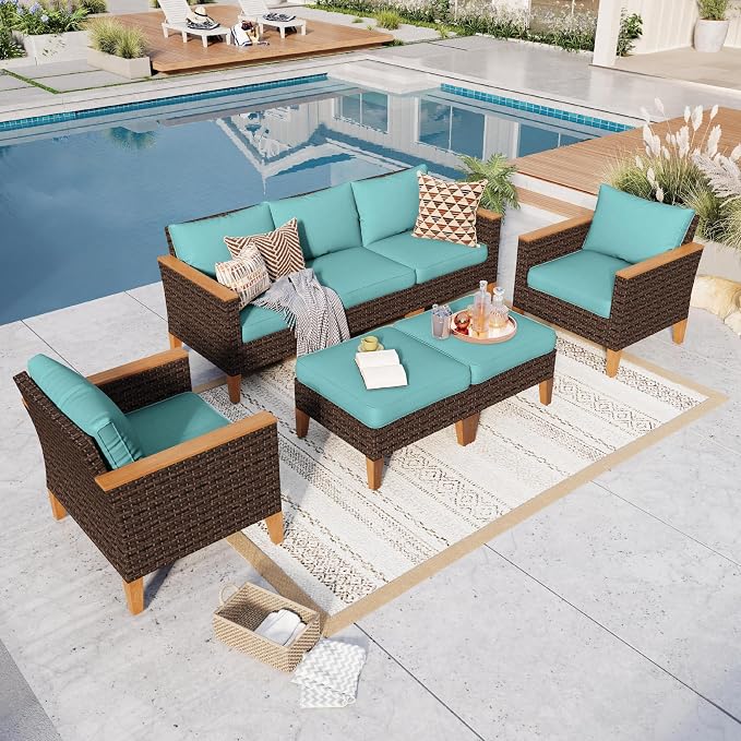 GREEN PARTY 7 Pieces Wicker Patio Furniture Set, All-Weather Outdoor Rattan Patio Sectional Sofa Conversation Set 7 Seats with 4" Thick Cushions for Garden, Backyard, 2 x Ottomans (Blue)