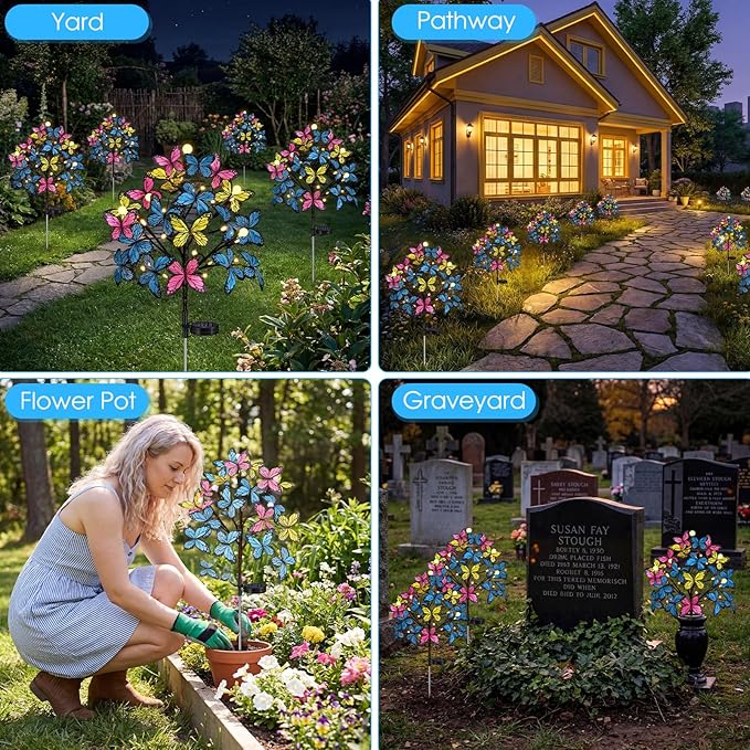 Meagoo Butterfly Solar Lights for Outside, 800mA Whimsical Solar Powered Butterfly Garden Stakes with 20 Butterflies for Outdoor Yard Lawn Flower Garden Cemetery Mothers Day Grave Decorations (2 Pack)