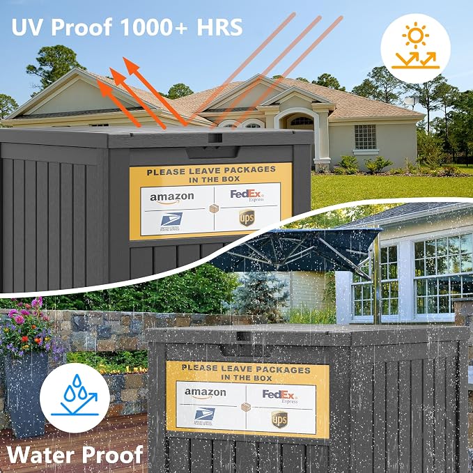 LHBGO Package Delivery Box for Outside, with Delivery Sign 48 Gallon Storage with Lockable Secure, Large Resin Outdoor Package Drop Container