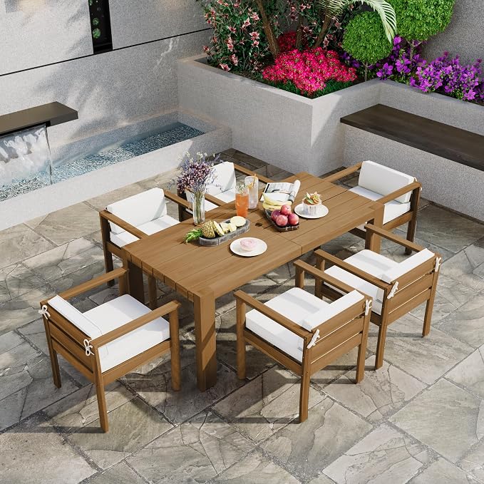 7-Piece Patio Dining Table Set for 6, Outdoor Furniture Sets with 72.8" Rectangle Table and Removable Cushions,for Backyard Garden Poolside (Light Teak+Beige#m)