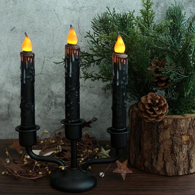 CVHOMEDECO. Real Wax Hand Dipped Battery Operated LED Timer Taper Candles Rustic Primitive Flameless Lights Décor, 6-3/4 Inch, Matt Black, 6 PCS in a Package