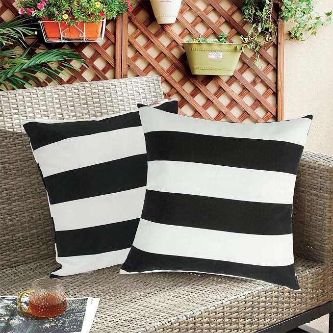 Outdoor Pillow Covers 18x18 Inch Pack of 2, No Insert-Black White Stripe | Square Throw Pillow Covers, Water-Repellent, Modern Pillow Cases for Sofa Patio Couch Decoration