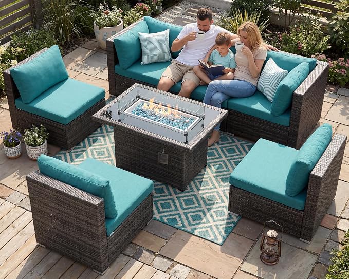 RADIATA 7 Piece Wicker Patio Furniture Set with Fire Pit, All-Weather Outdoor Sectional Couch High Back Large Size, Modular Backyard Seating Sofa Set with Propane/Natural Gas Firepit Table, Grey&Teal