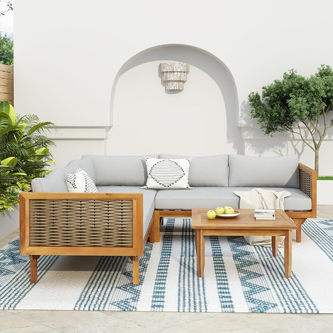 LUMISOL 4-Piece Outdoor Acacia Wood Sofa Set with Water Resistant Cushions, All Weather Patio Conversation Set with Coffee Table for Garden, Backyard, Poolside, Teak+Light Grey