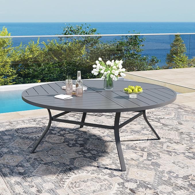 DIFY 9 Pieces Outdoor Dining Set, Metal Patio Table and Chairs Set for 8, 63" Round Dining Table with Umbrella Hole & Wicker Swivel Patio Chairs with Cushions, Grey Tabletop